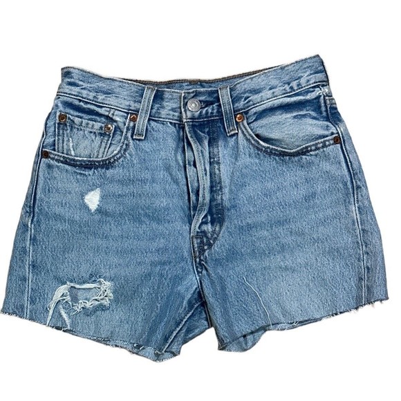 Levi’s 501 Cut Off Shorts Women’s Distressed Button Fly Inseam 3 1/2  Sz 24‎ EUC - Picture 1 of 5